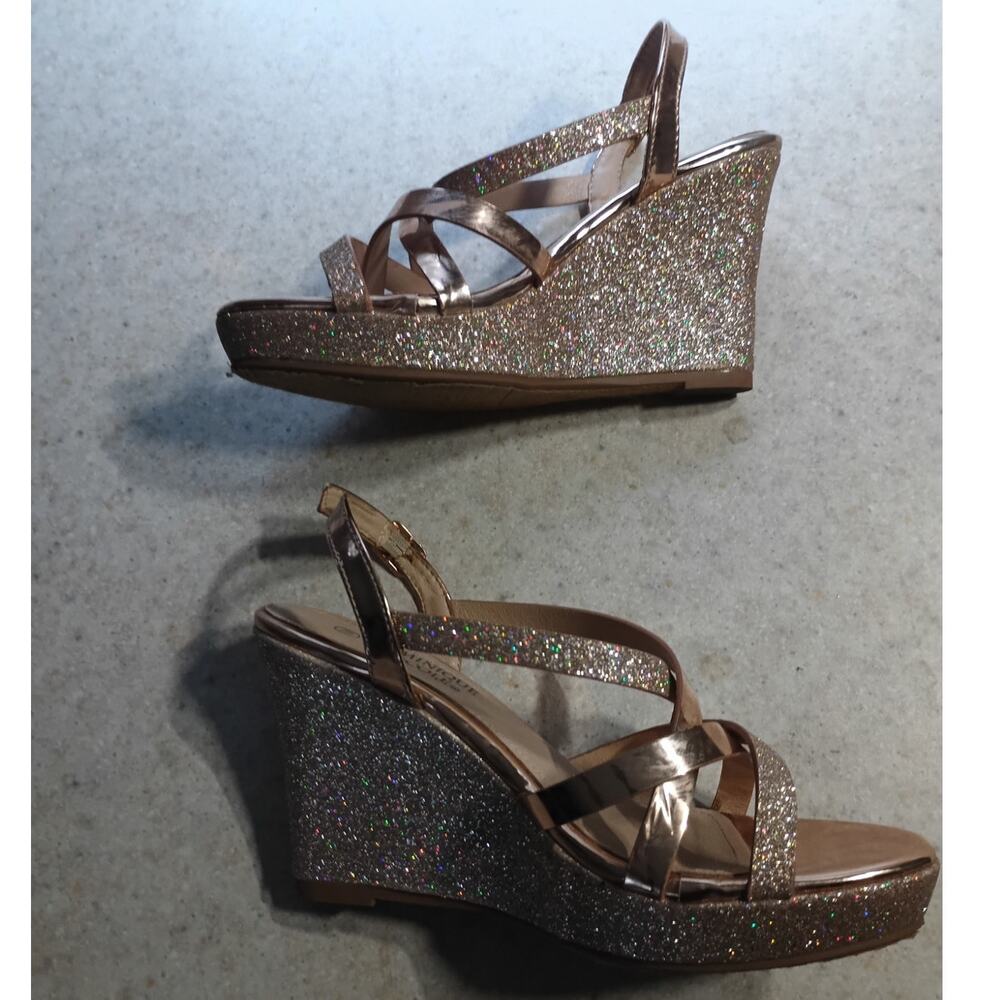 Bronze Glitter Strappy Wedge Sandals Size 7.5 Y2K Party Wedding Guest Heels